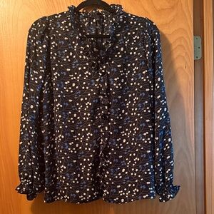 Ann Taylor Navy and White Patterned Blouse